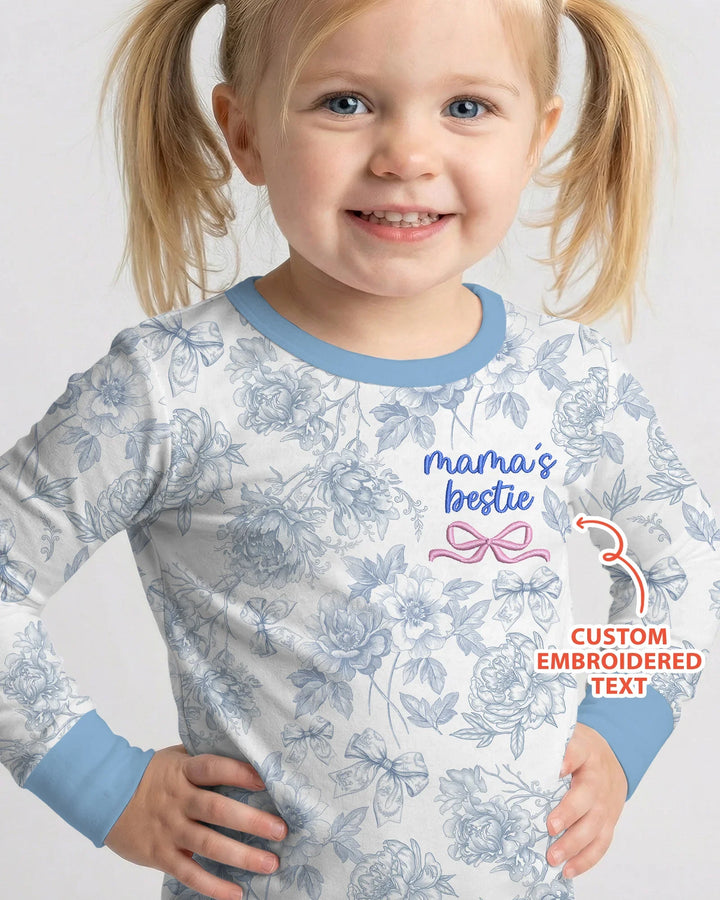 Custom Embroidered Mommy and Me Toile Matching Bamboo Two Piece Long Sleeve Pajama Set