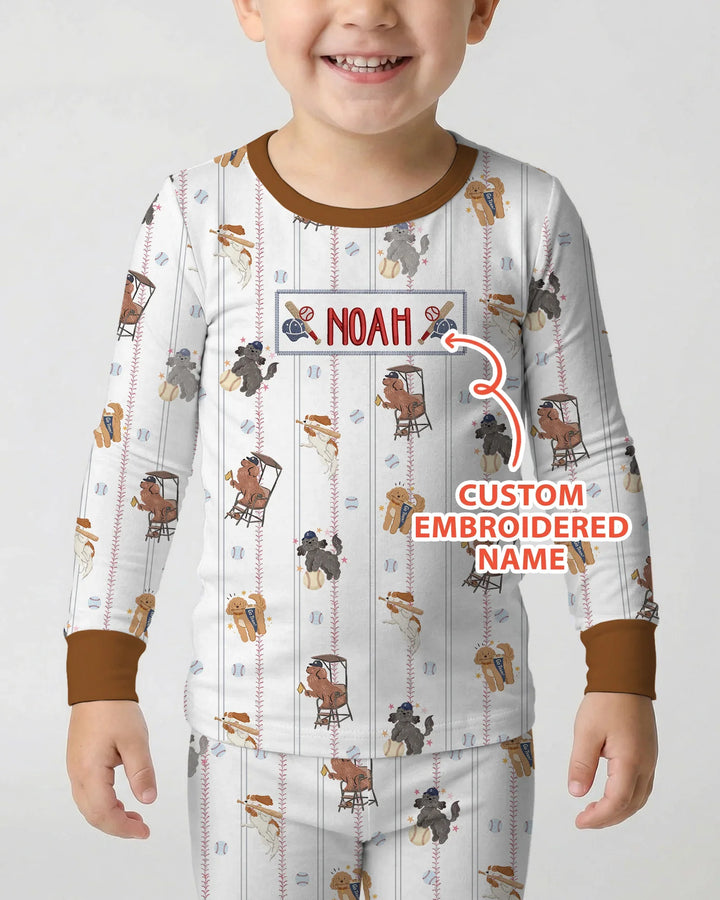 Custom Embroidered Name Baseball Bamboo Two Piece Long Sleeve Pajama Set