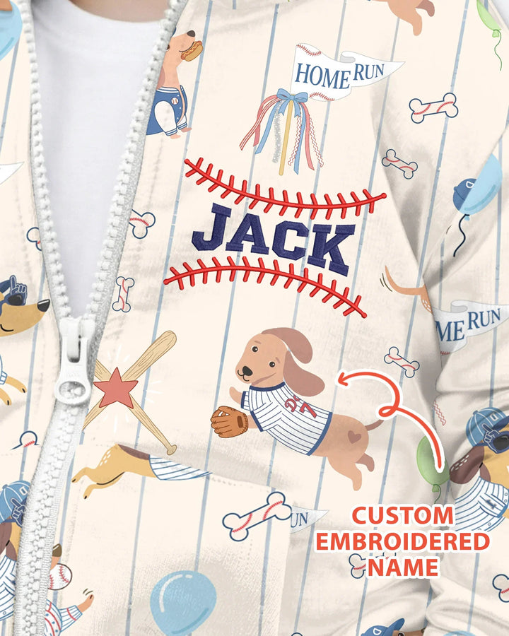 Personalized Embroidered Name Dachshund Baseball Bamboo Zip Hoodie