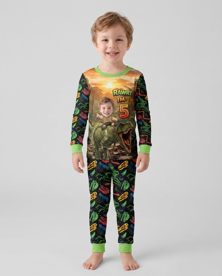 Custom Photo Dino Rawr Birthday Bamboo Two Piece Long Sleeve Pajama Set