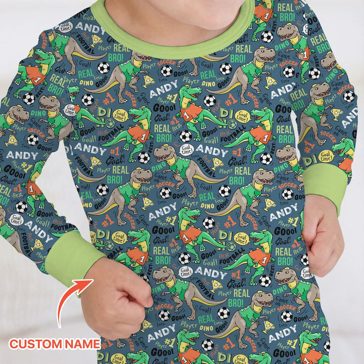 Custom Name Dino Soccer Bamboo Two Piece Long Sleeve Pajama Set