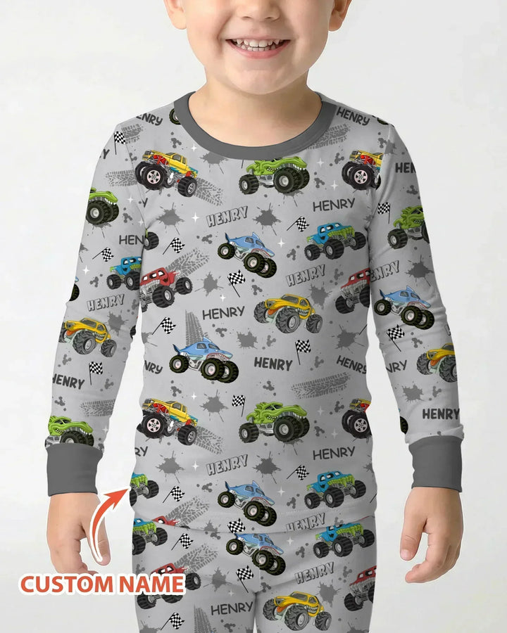 Monster Truck Dirt Jam Custom Name Daddy & Me Matching Bamboo Two Piece Long Sleeve Pajama Set