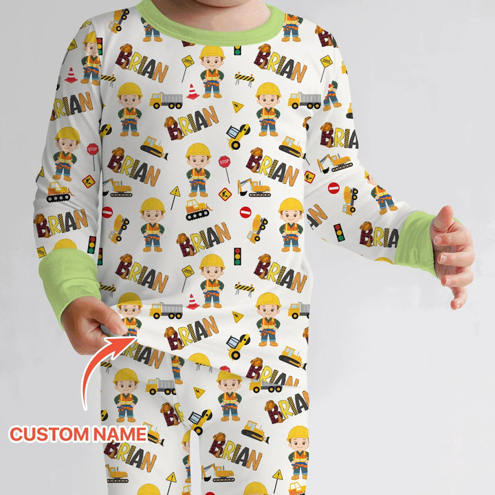 Custom Name Doodle Little Builder Bamboo Two Piece Long Sleeve Pajama Set