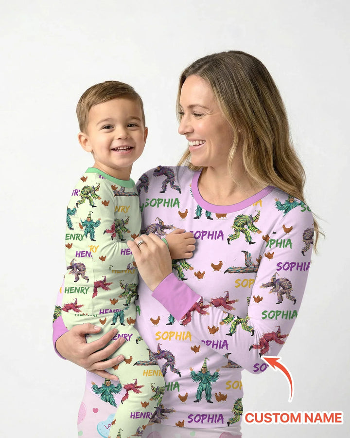 Custom Name Mardi Gras Chicken Chase Family Matching Bamboo Two Piece Long Sleeve Pajama Set