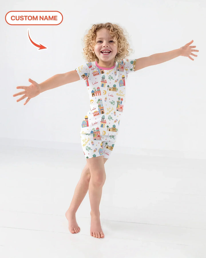 Eid Mubarak Custom Name Bamboo Two Piece Short Sleeve Shorts Pajama Set