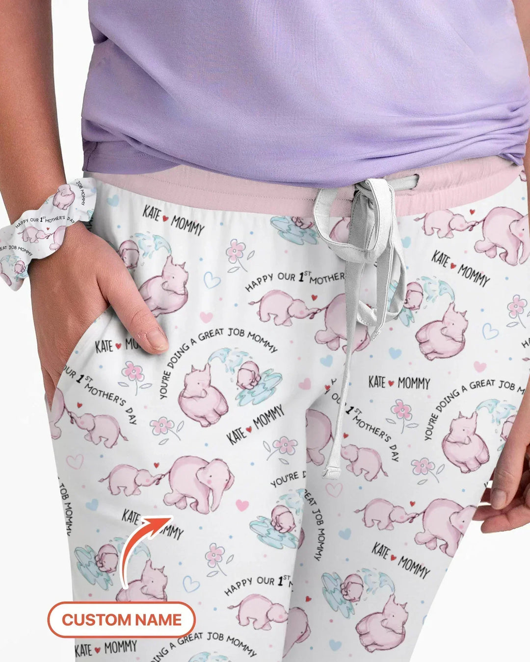 Custom Name Mother & Baby Elephant Bamboo Women Pajama Set