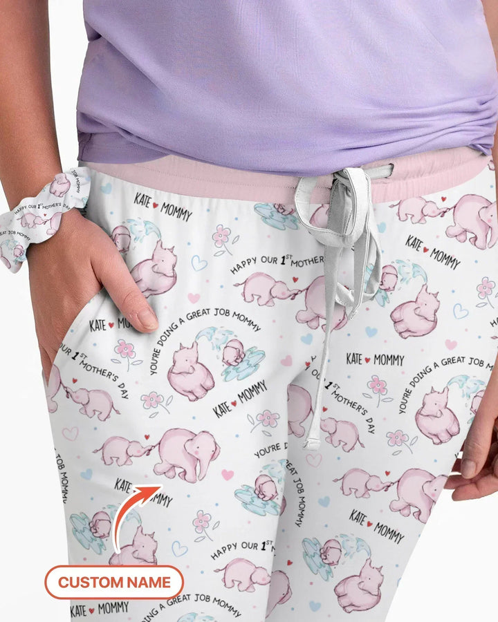 Custom Name Mother & Baby Elephant Bamboo Women Pajama Set