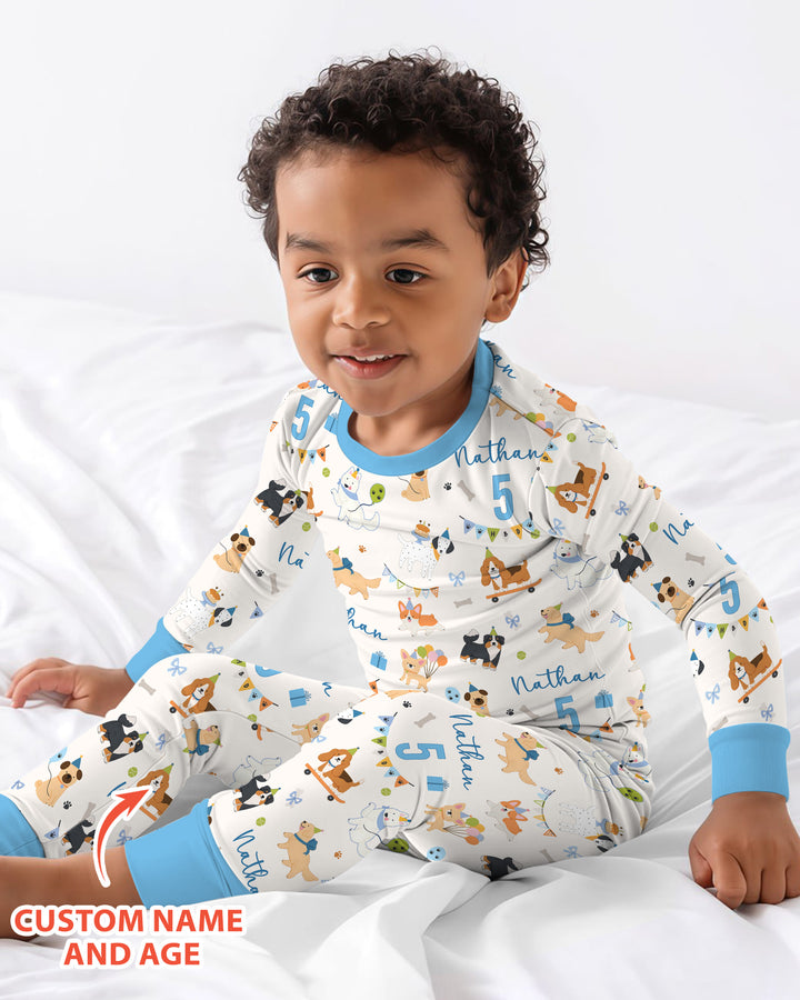 Custom Name Birthday Dogs Party Bamboo Two Piece Long Sleeve Pajama Set
