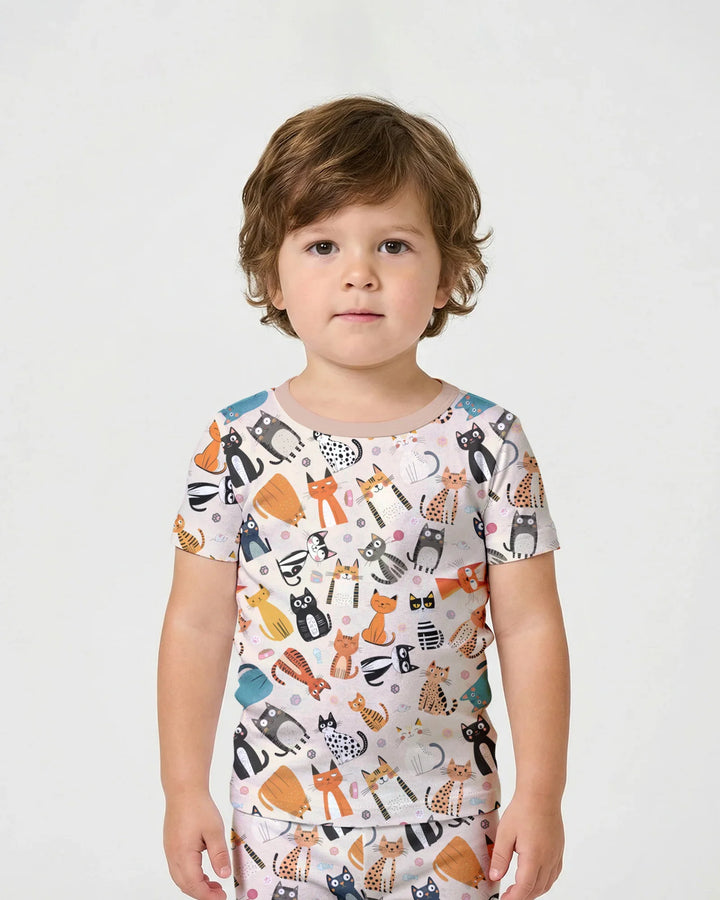 Goofy Mischief Cat Family Matching Bamboo Two Piece Short Sleeve Shorts Pajama Set