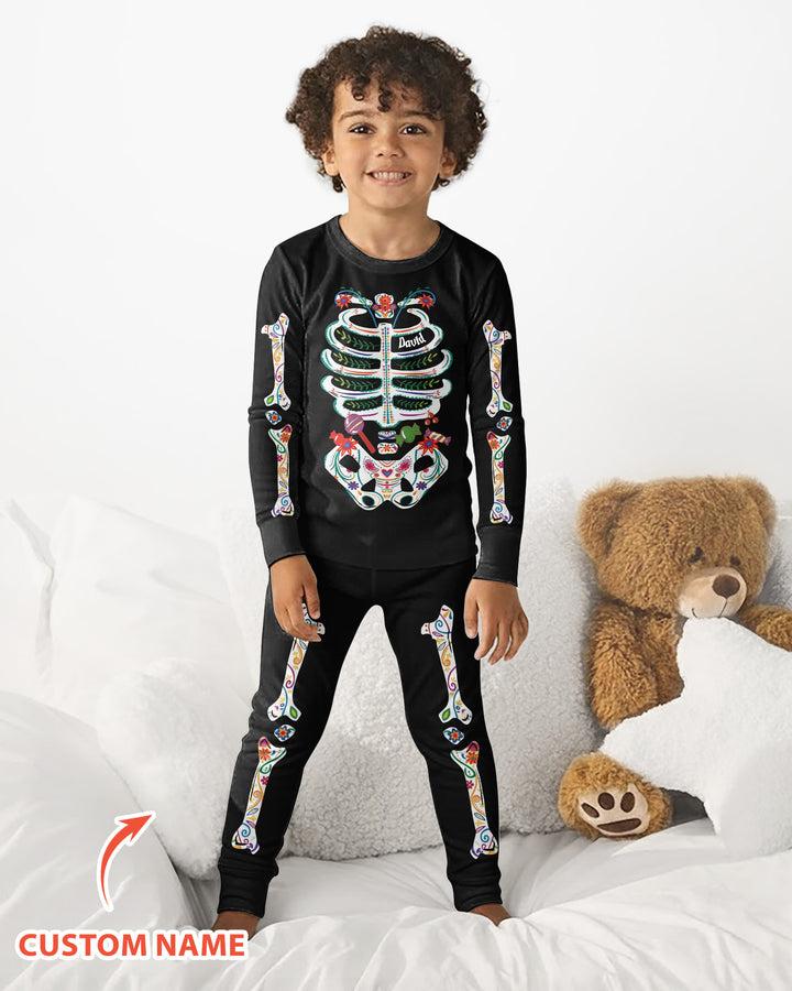 Custom Mexican Halloween Floral Skeleton Bamboo Two Piece Long Sleeve Pajama Set