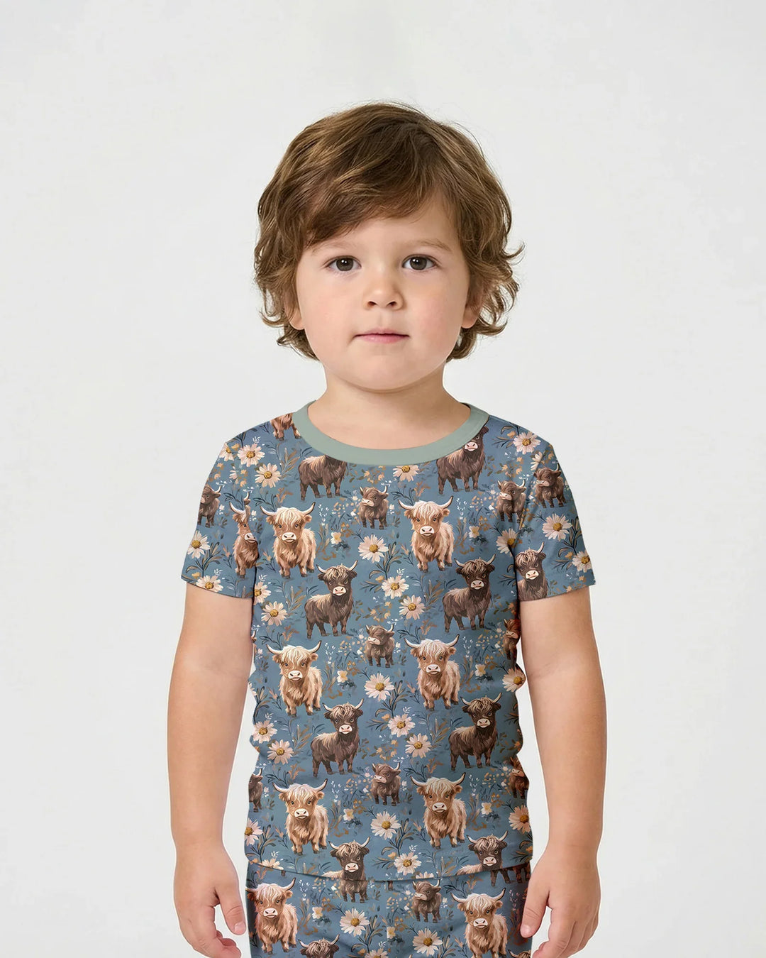 Majestic Highland Cows Family Matching Bamboo Two Piece Short Sleeve Shorts Pajama Set