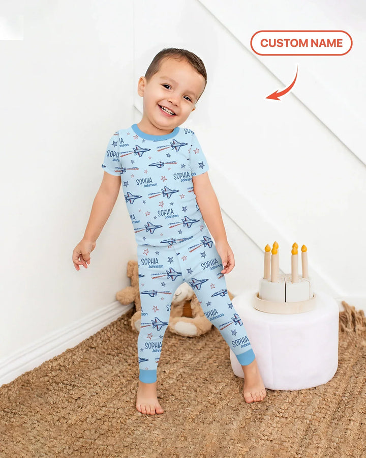 Patriotic American Flag Jet Fighter Bamboo Two Piece Short Sleeve Pajama Set