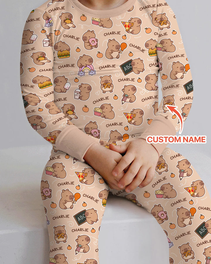 Custom Name Cute Capybara Bamboo Two Piece Long Sleeve Pajama Set