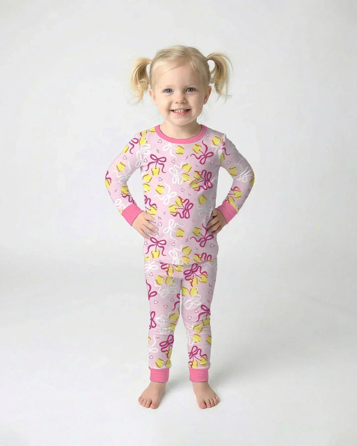 Softball Cherry Mom And Girl Matching Bamboo Two Piece Long Sleeve Pajama Set