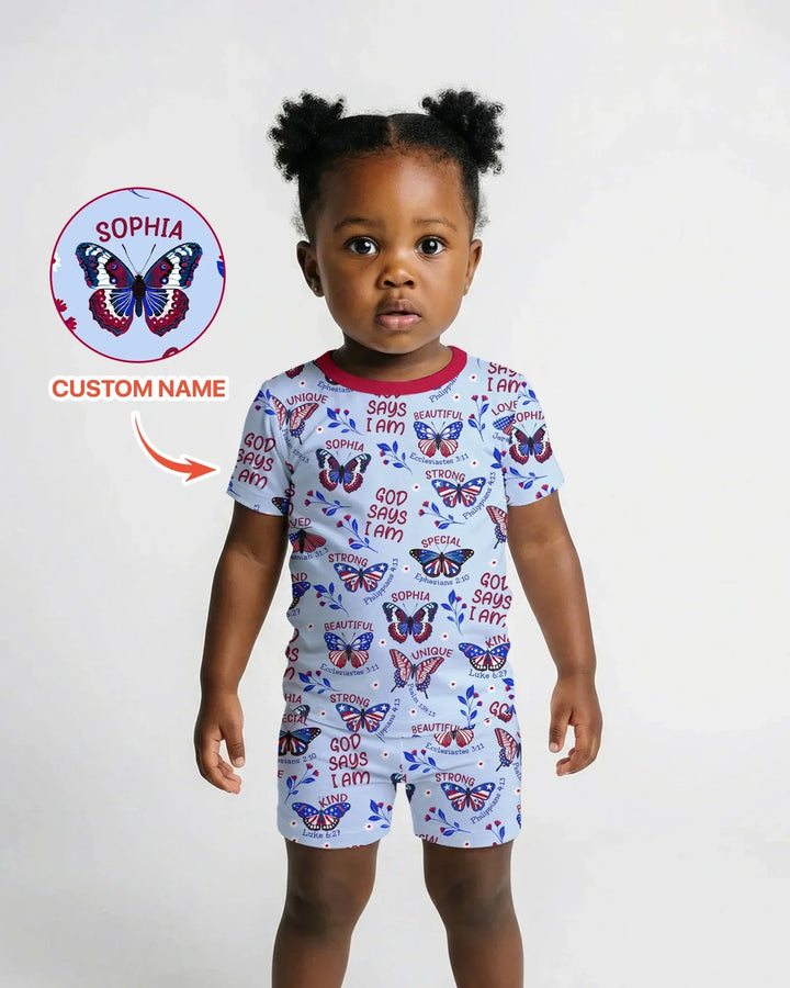 God Says I Am - Liberty Wings Custom Name Bamboo Two Piece Short Sleeve Shorts Pajama Set
