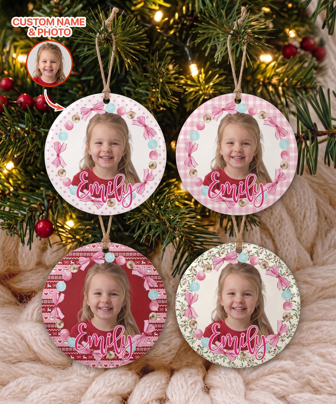 Custom Photo Pink Christmas Keepsake Ceramic Ornament