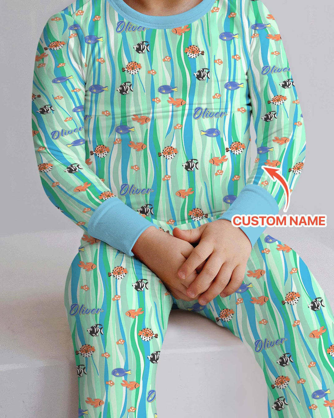 Custom Name Summer Beach Bamboo Two Piece Long Sleeve Pajama Set