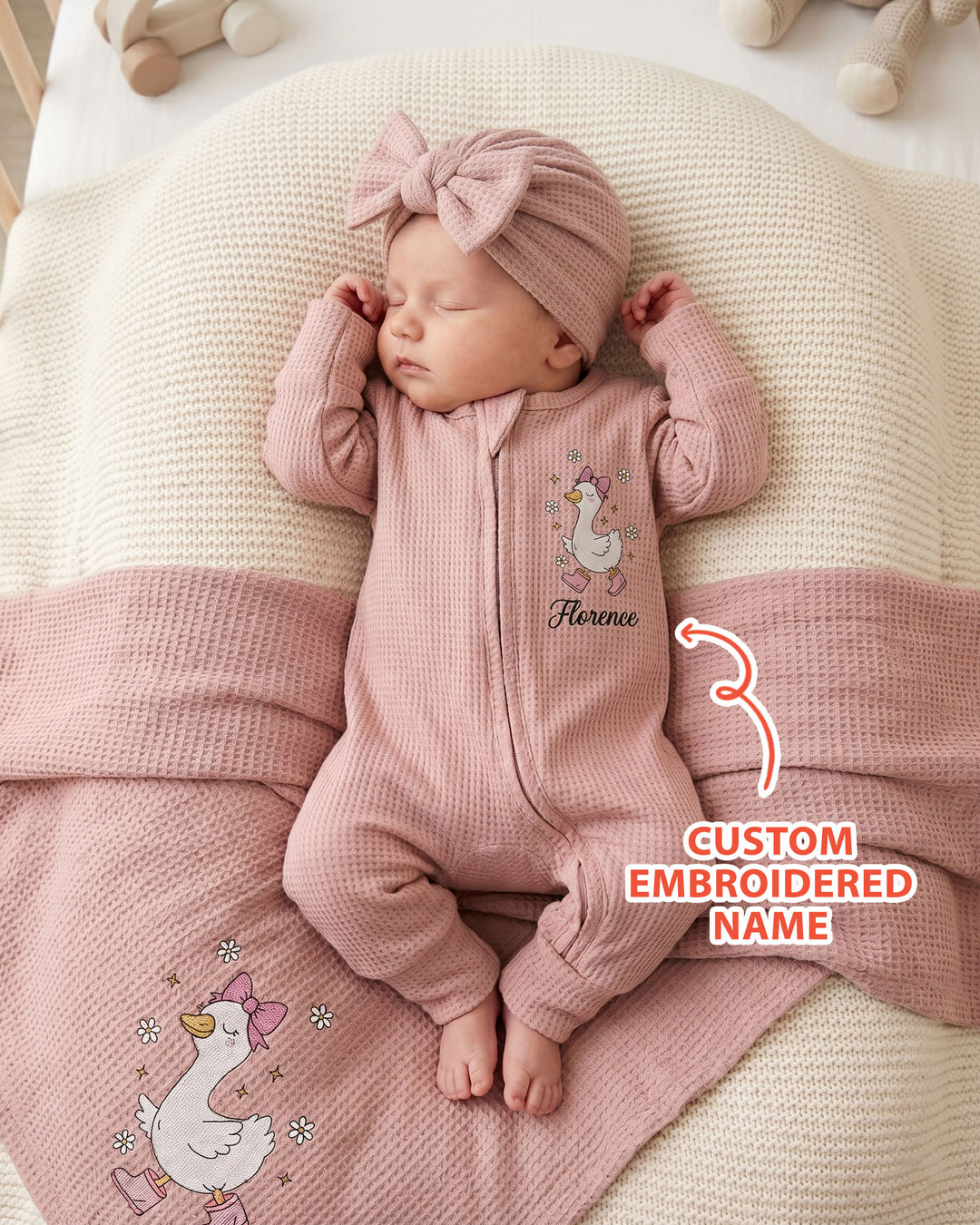 Personalized Dilly Dally Embroidered Waffle Bamboo Zipper Footie