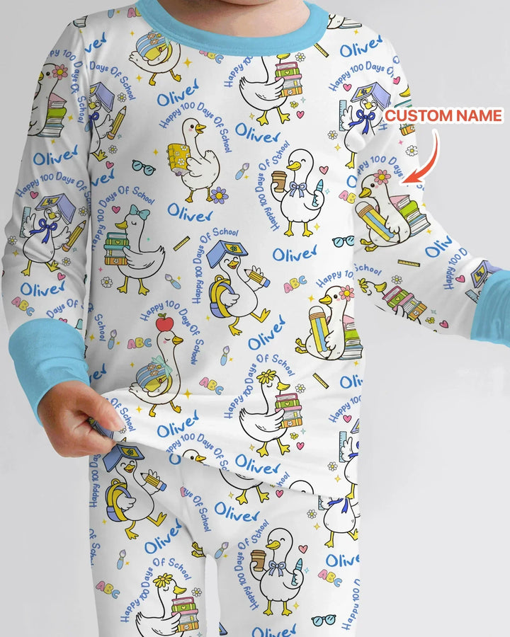 Custom Name Goose Happy 100 Days Of School Bamboo Two Piece Long Sleeve Pajama Set