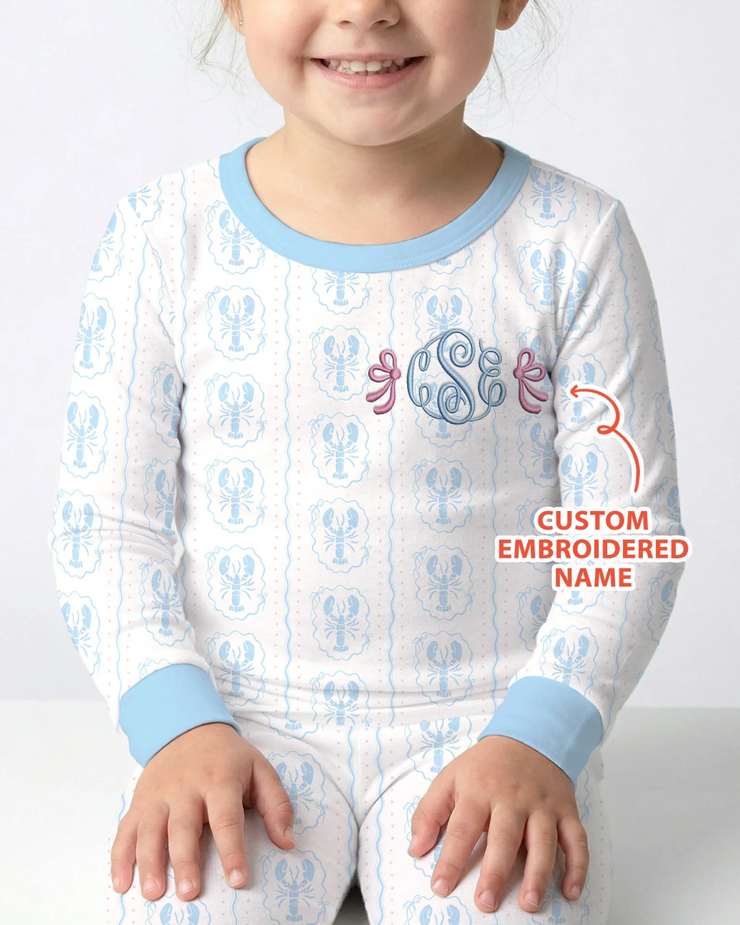 Custom Monogram Letter Embroidered Baby Bamboo Two Piece Long Sleeve Pajama Set