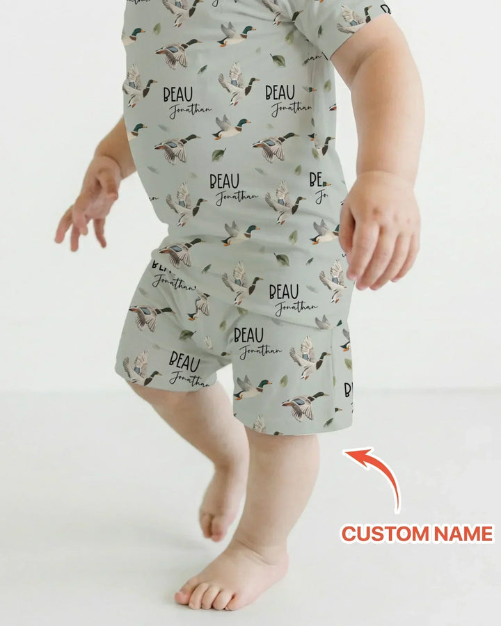 Custom Name Mallard Duck Bamboo Two Piece Short Sleeve Shorts Pajama Set