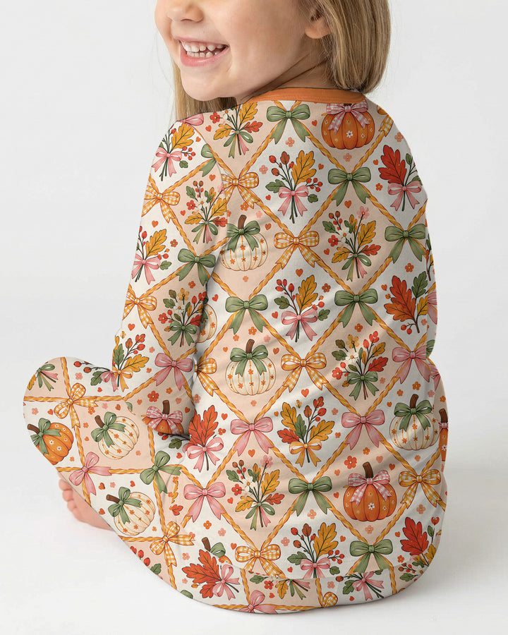 Retro Fall Pumpkin Bow Bamboo Two Piece Long Sleeve Pajama Set