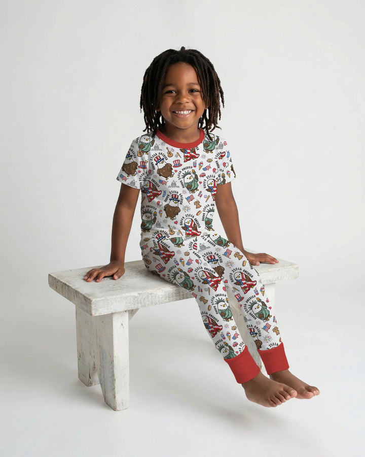 Happy 250th America Cute Patriotic Eagles Family Matching Bamboo Two Piece Short Sleeve Pajama Set