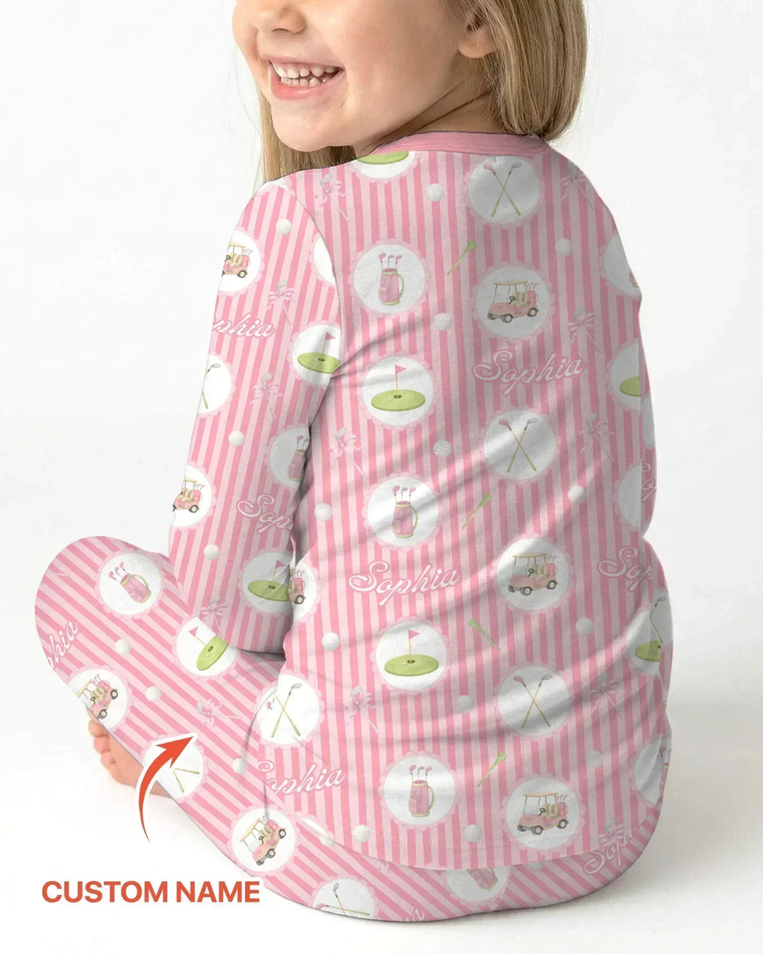 Custom Name Pink Golf Girl Bamboo Two Piece Long Sleeve Pajama Set