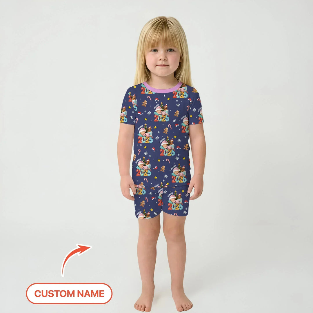Custom Name Baby Girl's First Christmas Bamboo Two Piece Short Sleeve Shorts Pajama Set