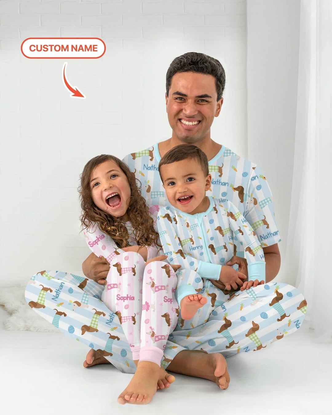 Custom Name Easter Dachshunds Family Matching Bamboo Two Piece Long Sleeve Pajama Set