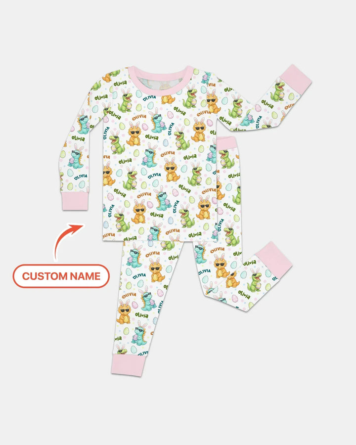 Custom Name Dinosaur on the Hunt Bamboo Two Piece Long Sleeve Pajama Set