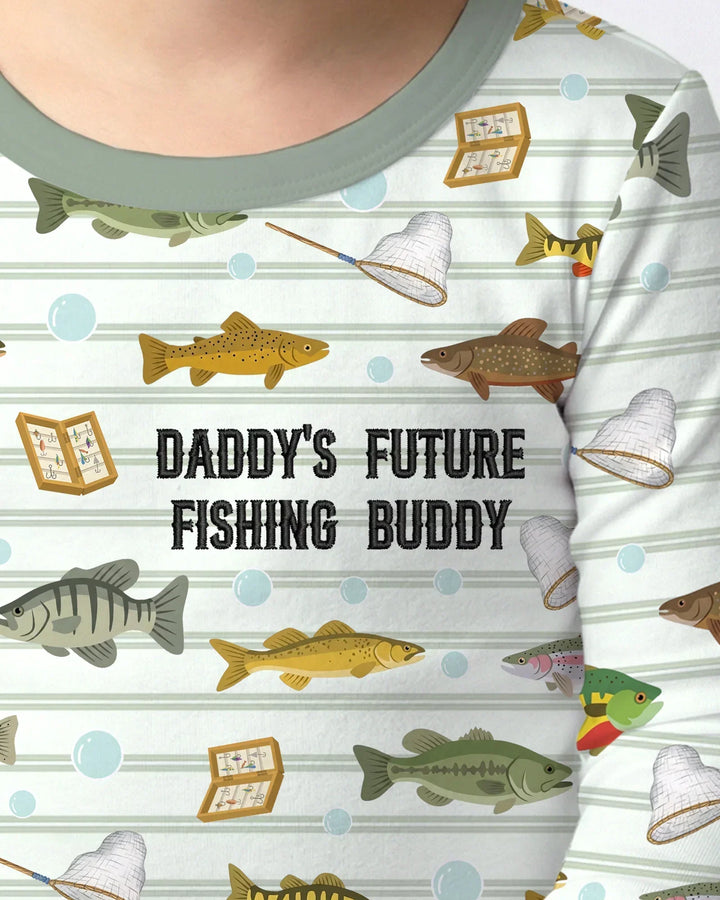 Embroidered Fishing Dad And Me Matching Bamboo Two Piece Long Sleeve Pajama Set