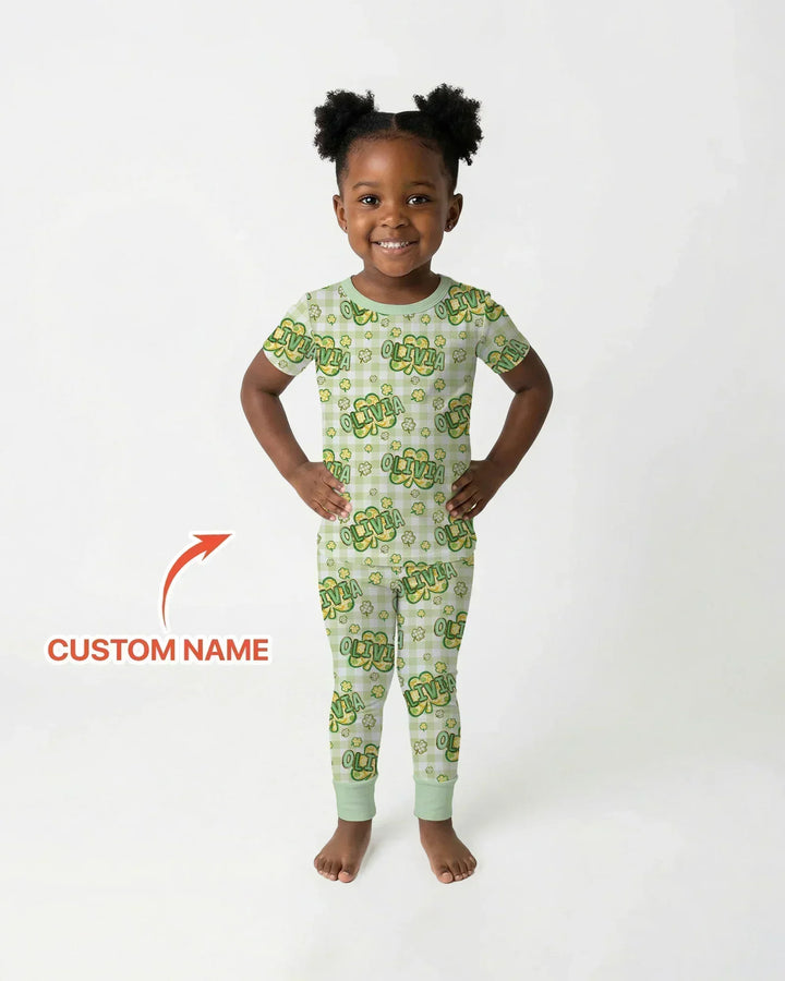 Lucky Shamrock Custom Name Bamboo Two Piece Short Sleeve Pajama Set