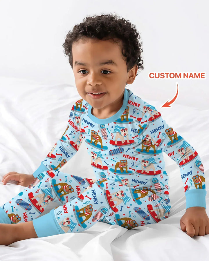 Personalized Patriotic Skate Pups Family Matching Bamboo Two Piece Long Sleeve Pajama Set