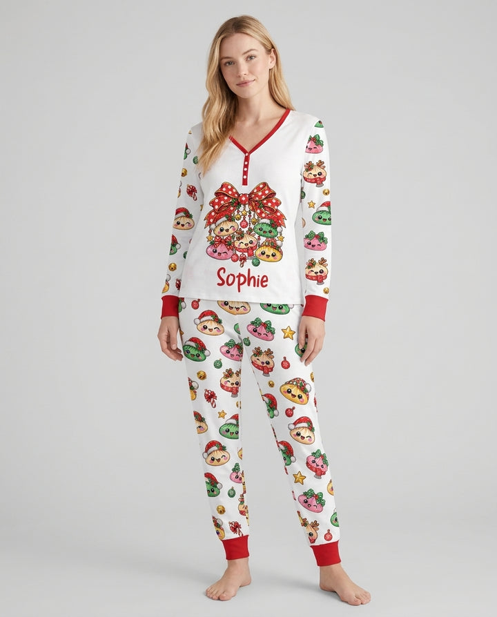 Custom Name Christmas Dumpling The Bow Bamboo Women Pajama Set