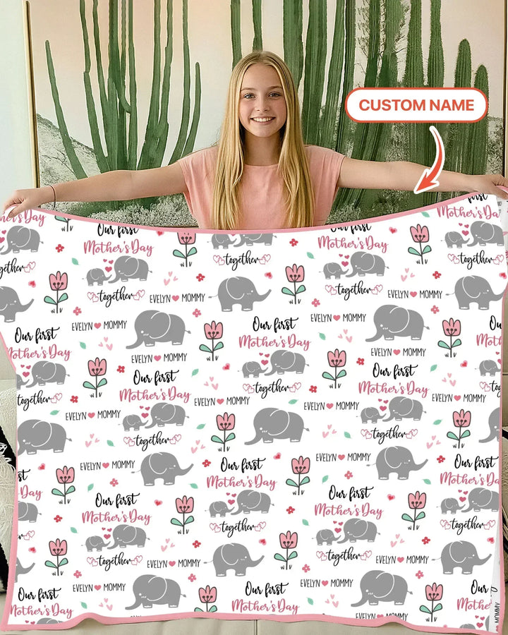 Custom Name Elephant Our First Mother's Day Bamboo Blanket