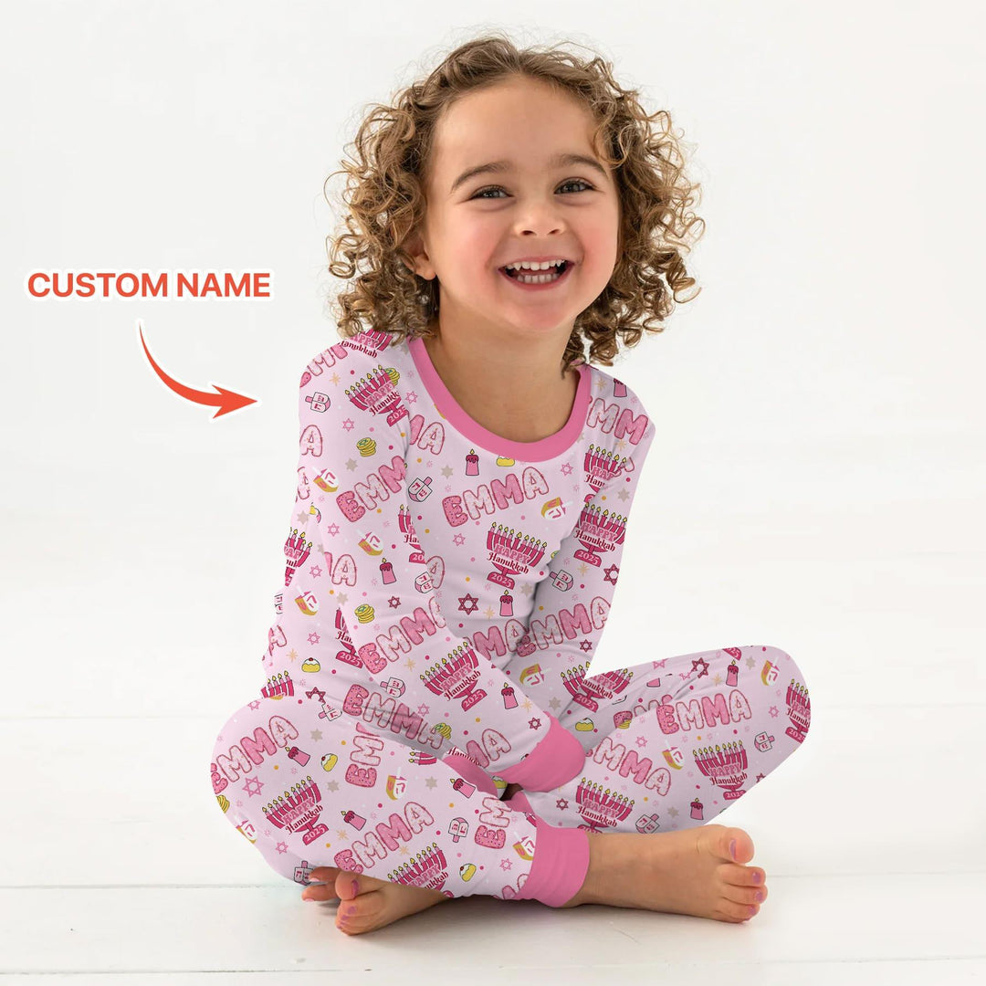 Custom name Happy Hanukkah 2025 Bamboo Two Piece Long Sleeve Pajama Set