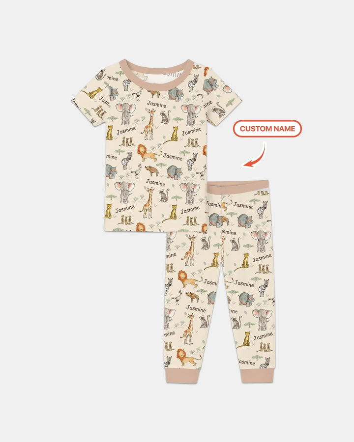 Safari Friends Custom Name Bamboo Two Piece Short Sleeve Pajama Set\