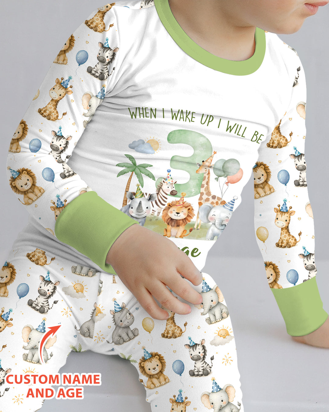 Custom Name Safari Animals When I Wake Up I Will Be Birthday Bamboo Two Piece Long Sleeve Pajama Set