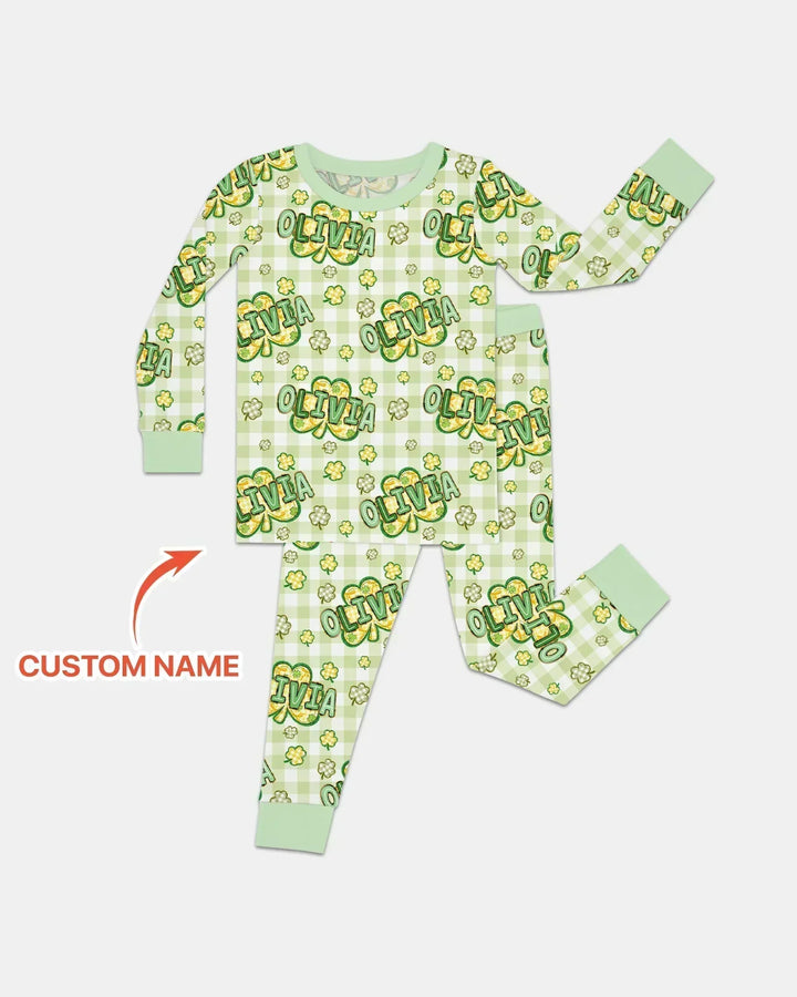Lucky Shamrock Custom Name Bamboo Two Piece Long Sleeve Pajama Set