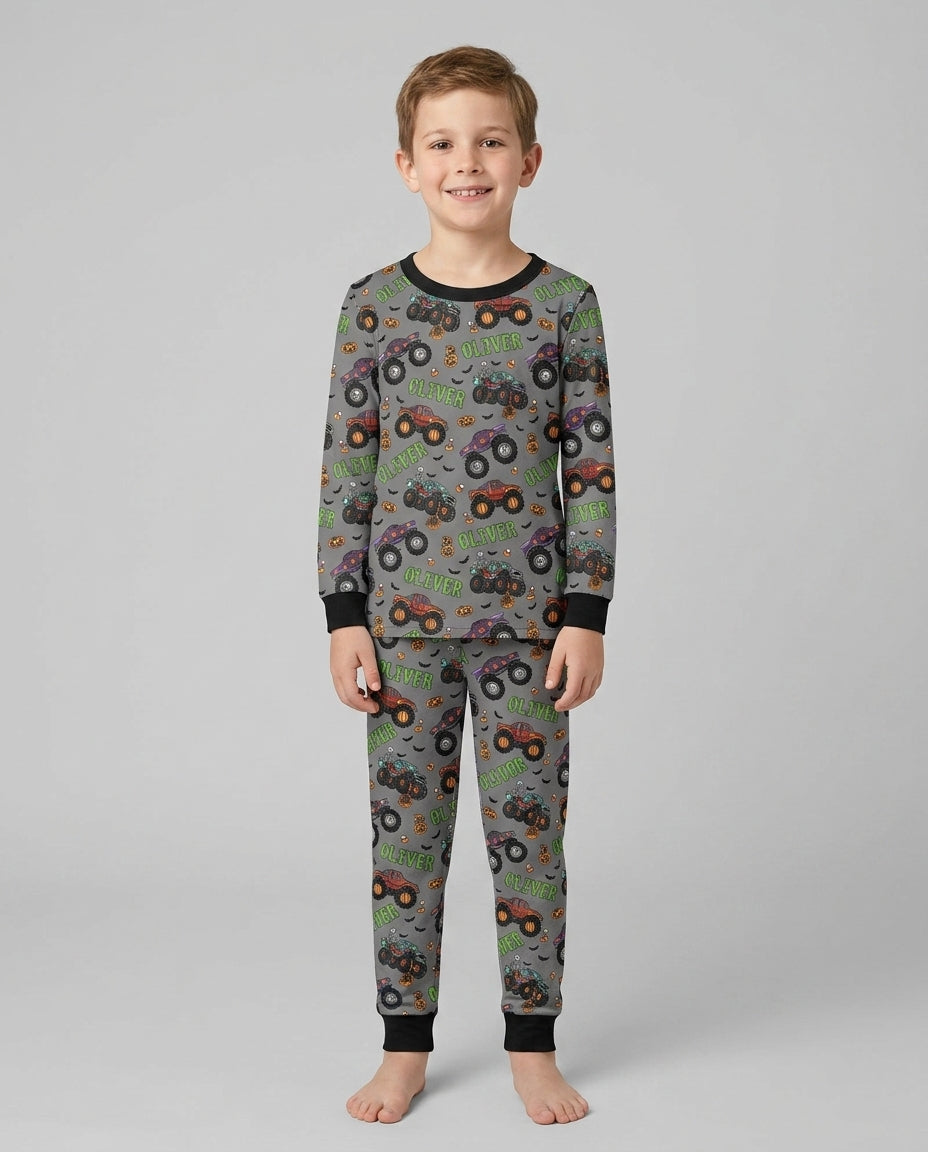 Custom Name Haunted Monster Trucks  Bamboo Two Piece Long Sleeve Pajama Set