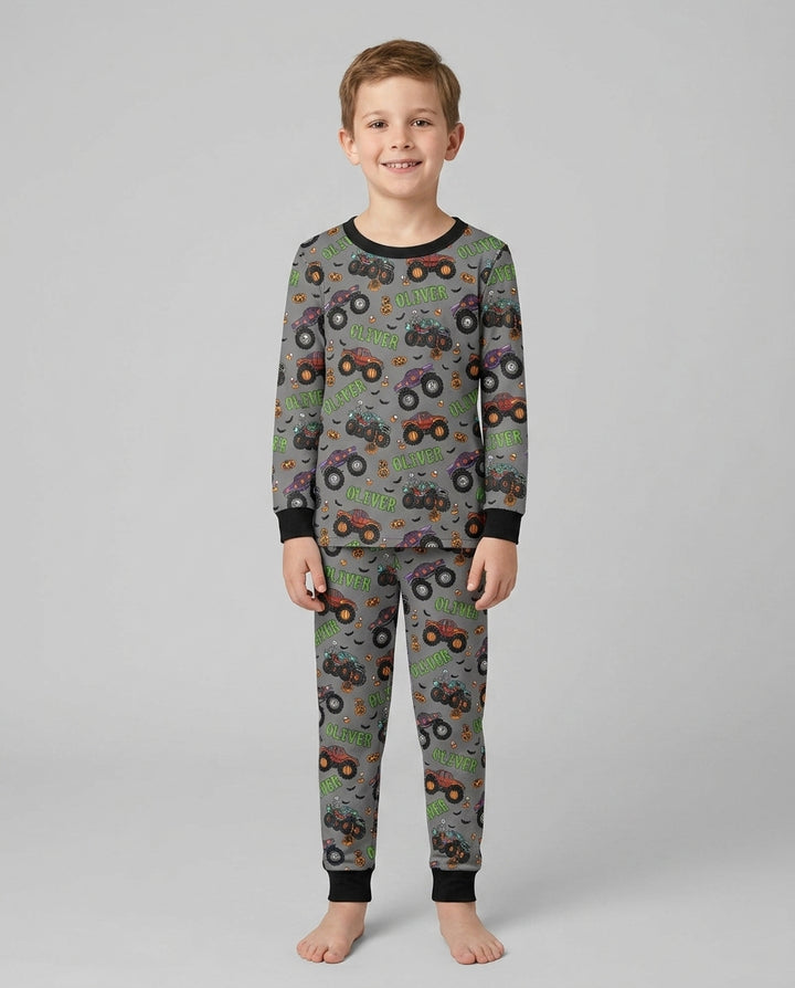 Custom Name Haunted Monster Trucks  Bamboo Two Piece Long Sleeve Pajama Set