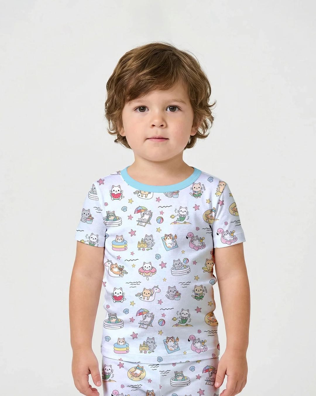 Kawaii Cats Summer Vacation Bamboo Two Piece Short Sleeve Shorts Pajama Set
