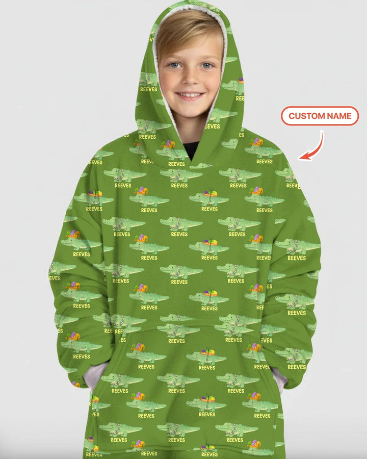 Custom Name Mardi Gras Gator Bamboo Blanket Hoodie