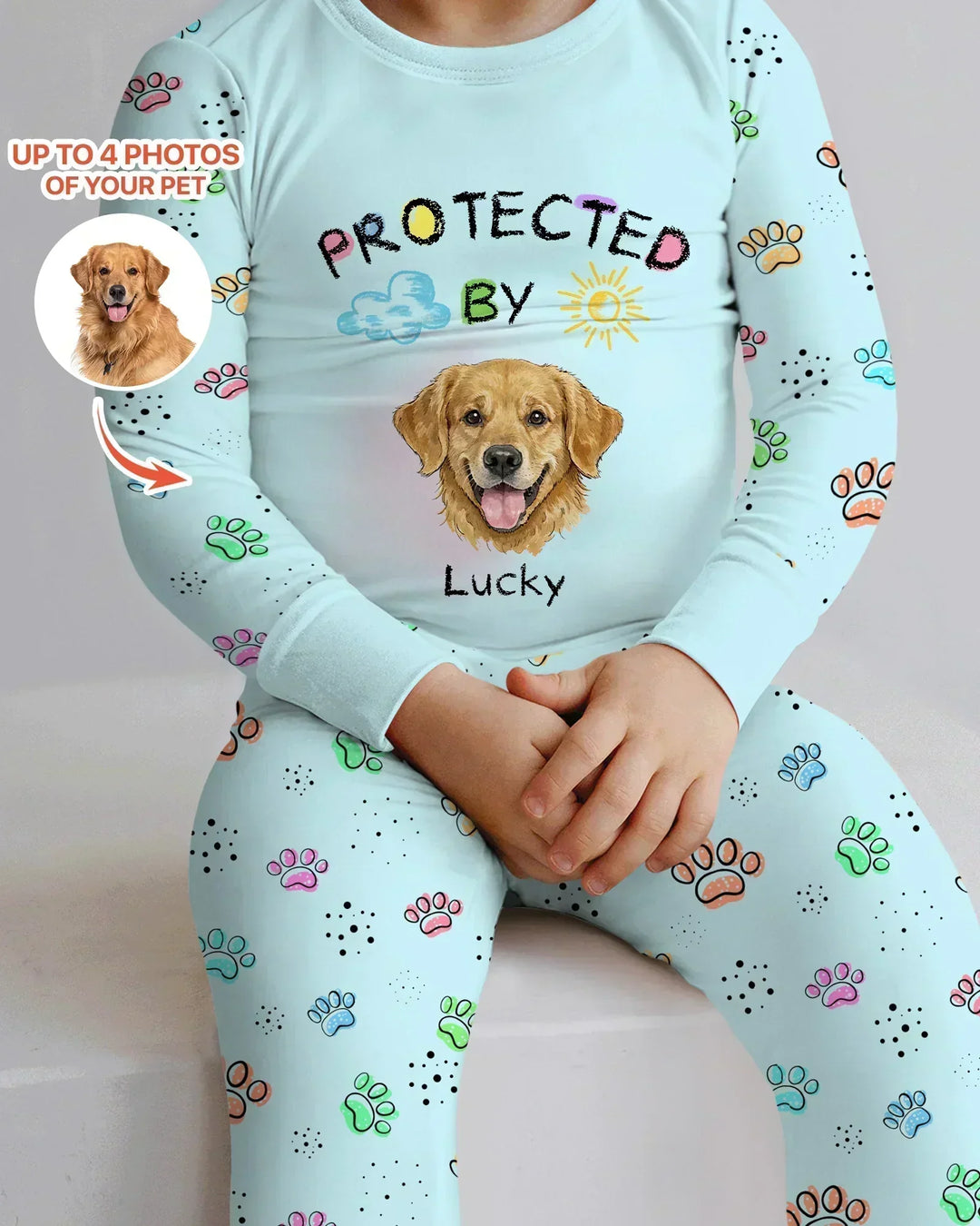 Custom Photo Crayon "Protected By" Bamboo Two Piece Long Sleeve Pajama Set