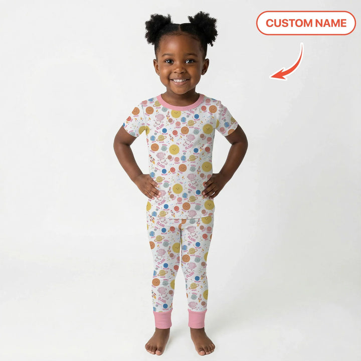 Custom Name Little's Kid into Universer Bamboo Two Piece Short Sleeve Pajama Set