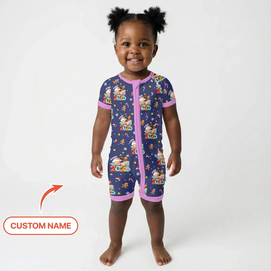 Custom Name Baby Girl's First Christmas Bamboo Shorty Zippy