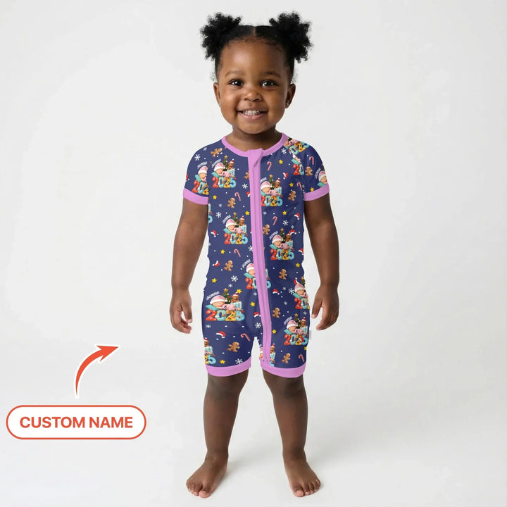 Custom Name Baby Girl's First Christmas Bamboo Shorty Zippy