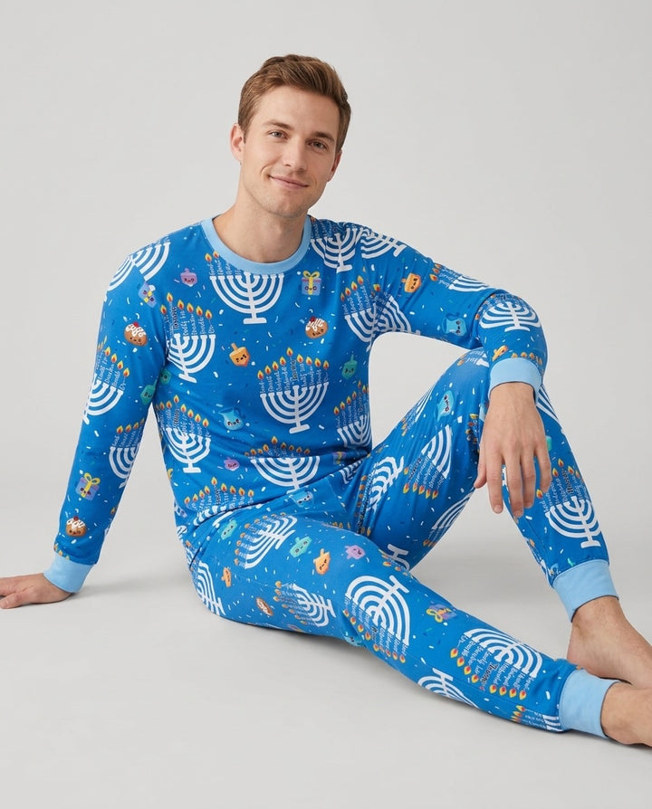Custom Name Hannukkah Menorah Family Matching Bamboo Men's Pajama Set