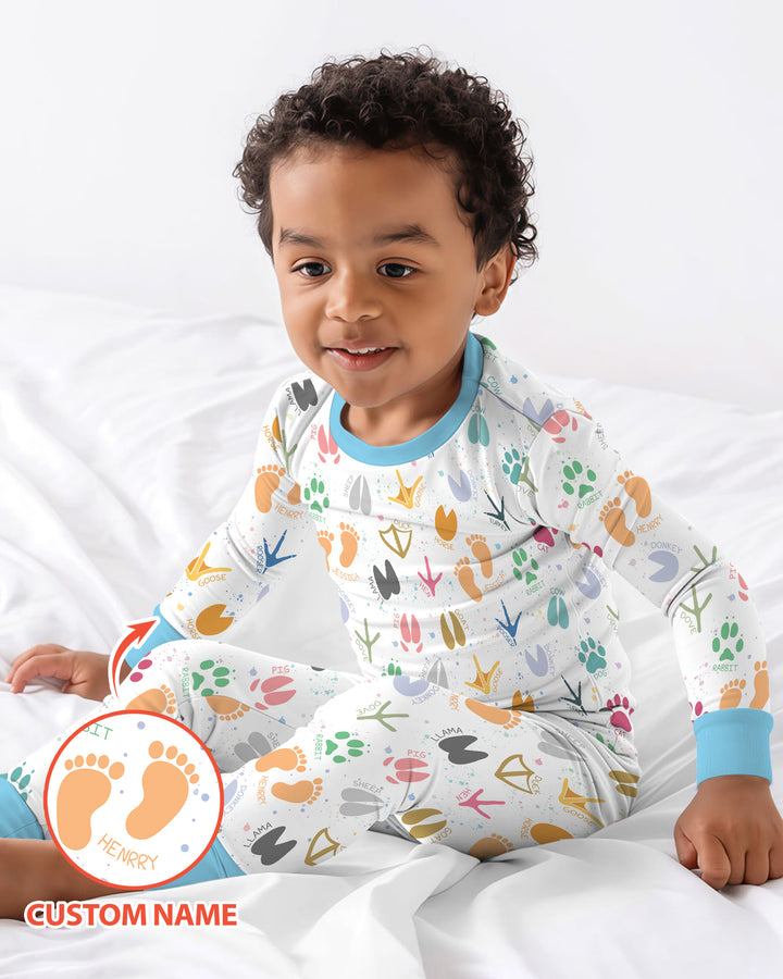 Cute Farm Animal Tracks Custom Name Bamboo Two Piece Long Sleeve Pajama Set